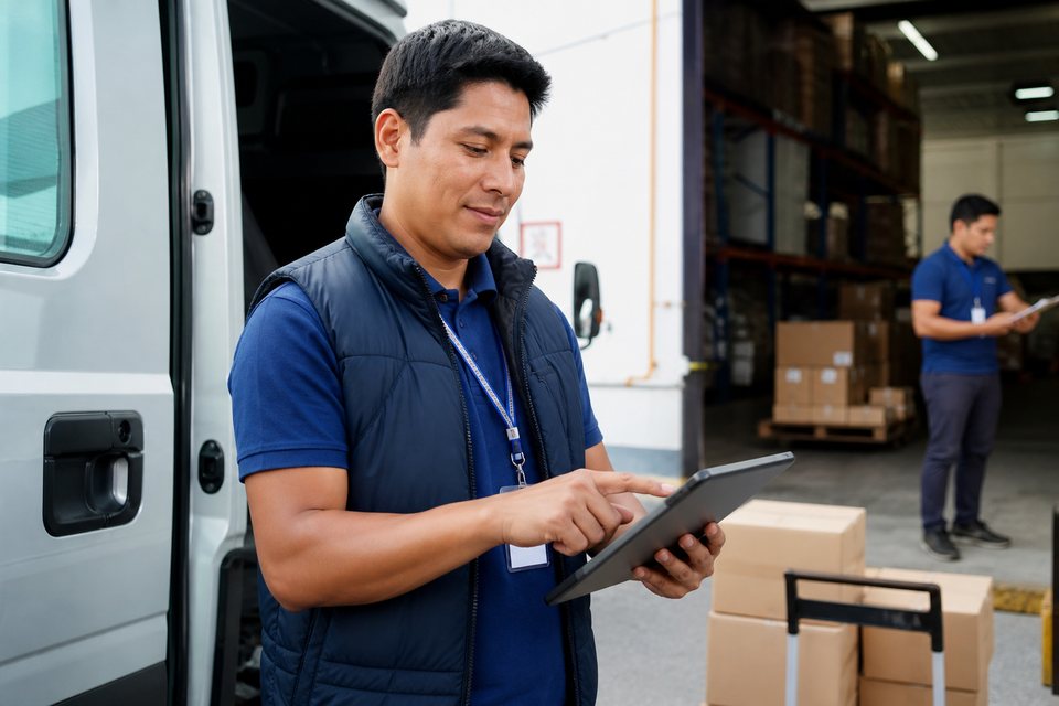 Personal latino de distribución revisando rutas y despacho con tableta