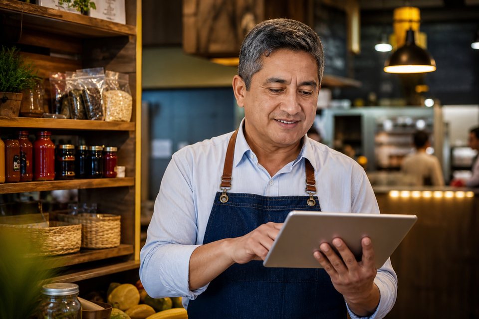Empresario latino de gastronomía usando tableta para pedidos e inventario