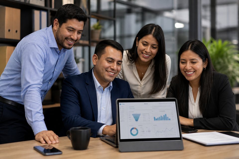 Equipo comercial latino revisando CRM y reportes de ventas en laptop
