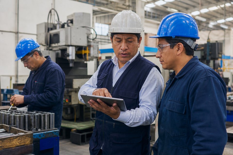 Supervisores latinos en planta revisando producción MRP con una tableta